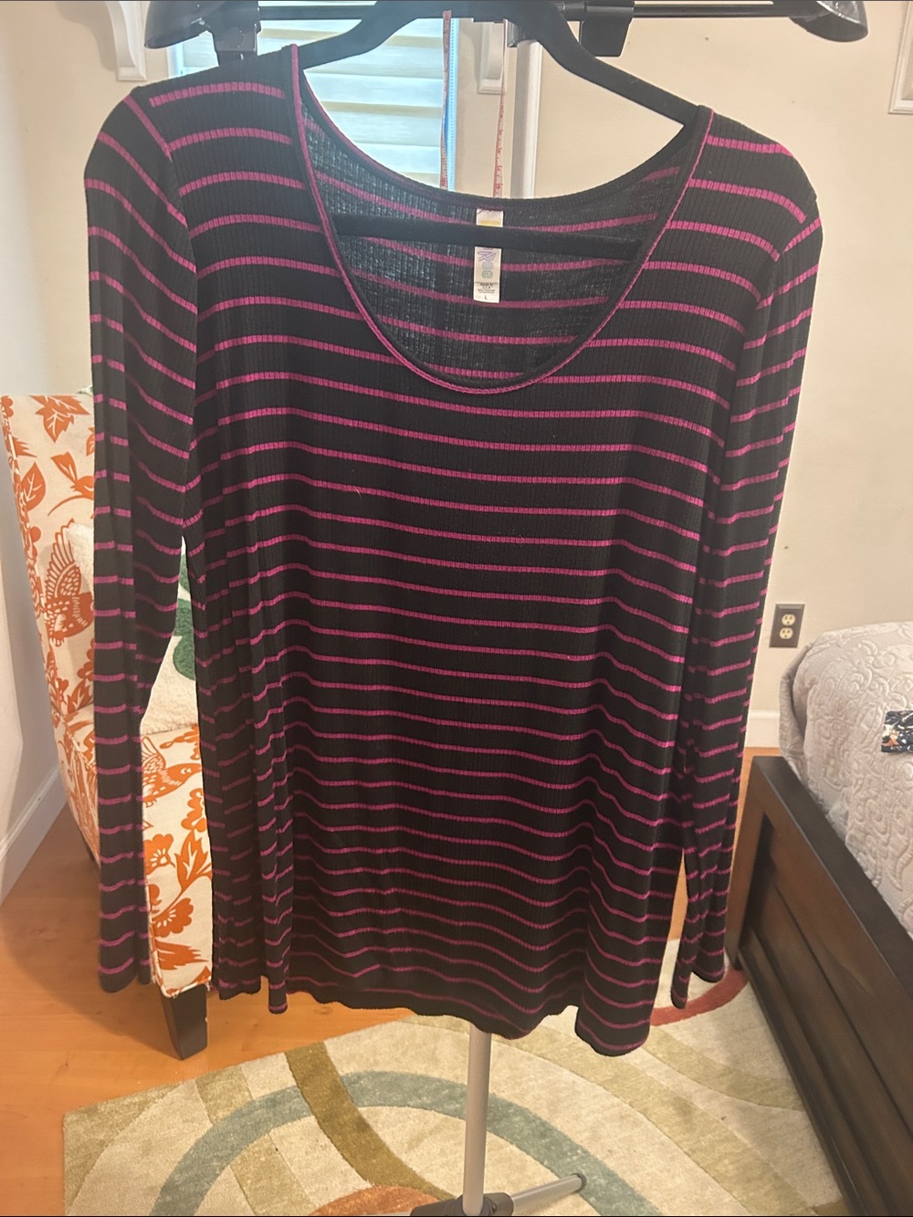 LuLaRoe Lynnae Black and Pink Striped Long Sleeve Scoop Neck Tee